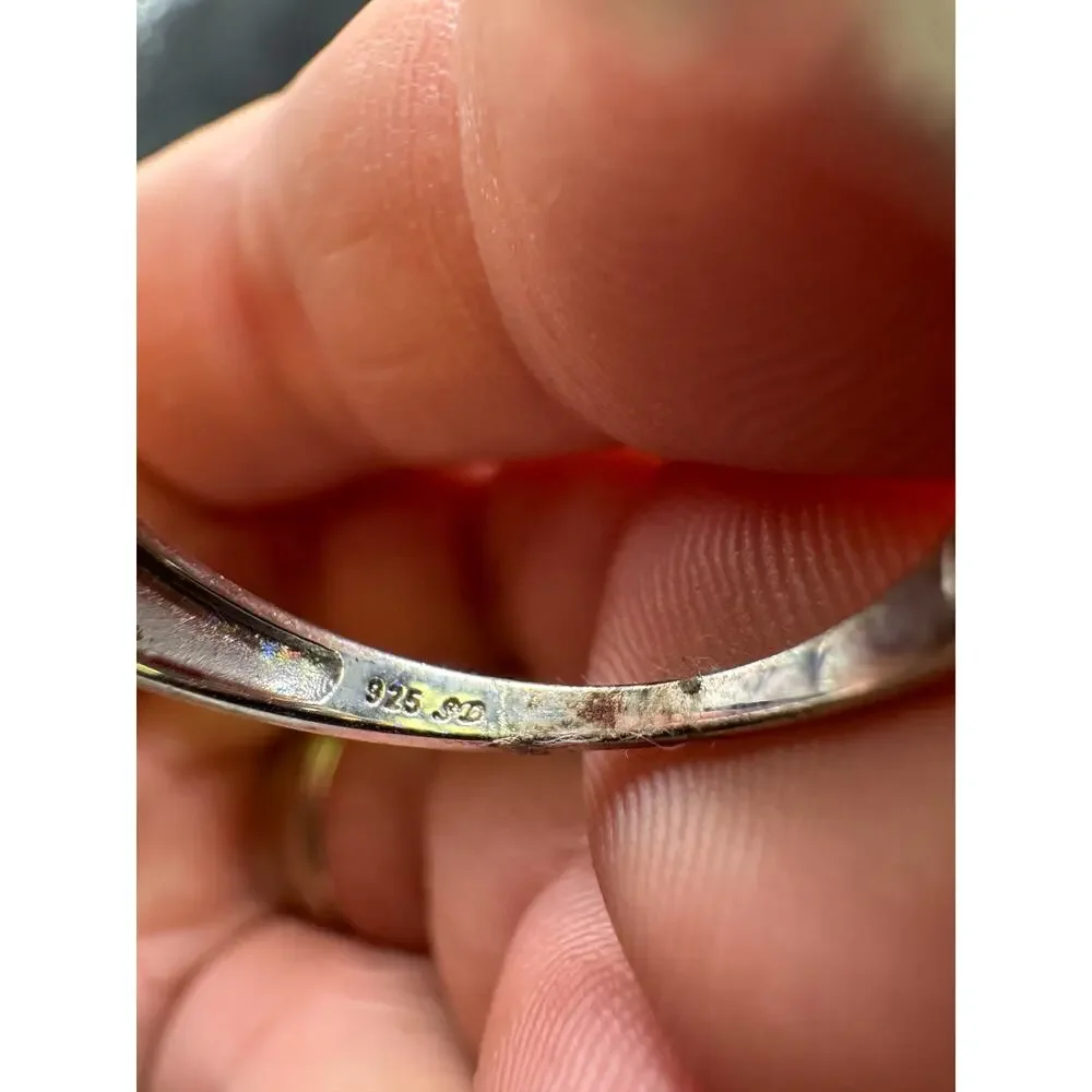 Vtg 925 Sterling Silver Green Tourmaline CZ Ring Oval Solitaire Wave Band Sz 10